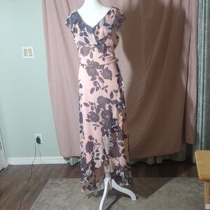 London Times Pink and Black Floral High Low Dress